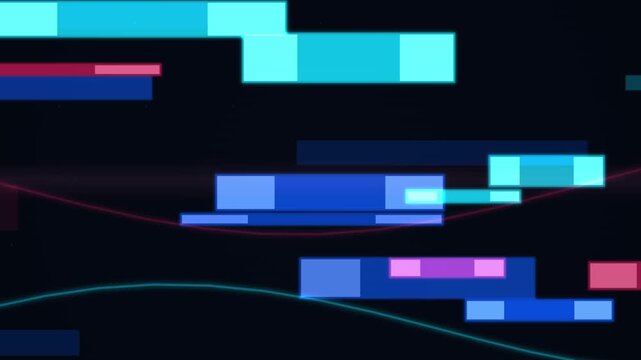 Abstract digital glitch effect with flowing lines and fragmented rectangles, dark background, cyber data stream, technological concept