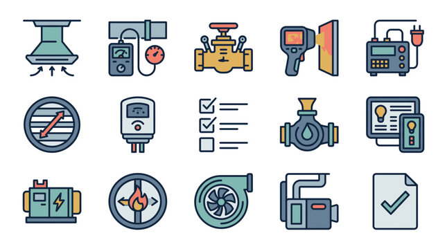 Building Commissioning and HVAC Inspection Icon Set &mdash; Technical Equipment