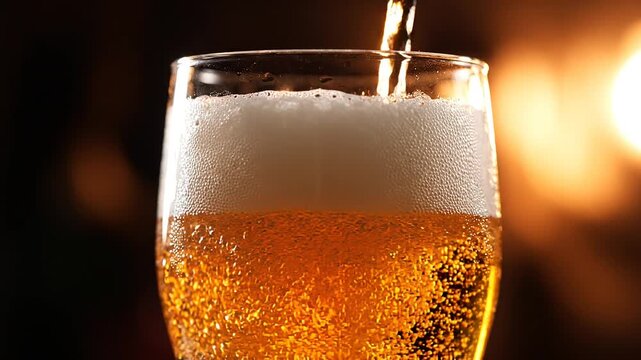 Slow motion video of golden craft beer being poured into a chilled glass