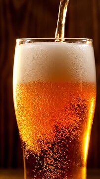 Slow motion video of golden craft beer being poured into a chilled glass