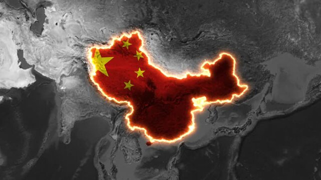 China map glowing with national flag colors in digital motion footage