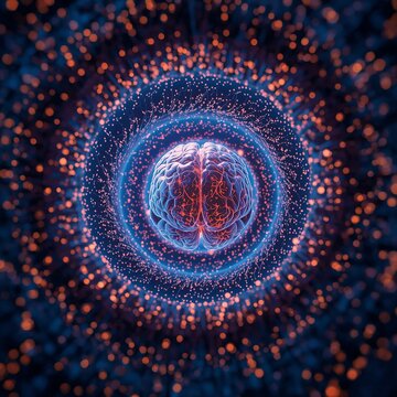 Glowing human brain in futuristic neural network digital data wave representing artificial intelligence concept