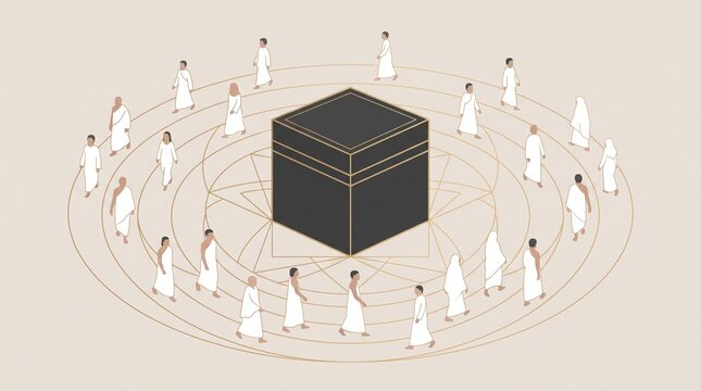Minimalist Isometric Kaaba Illustration of Pilgrims Performing Tawaf