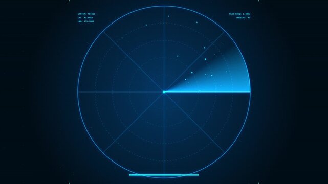 Digital radar screen showing blue sweeping sector scan with detected blips, futuristic hud interface, detection and surveillance