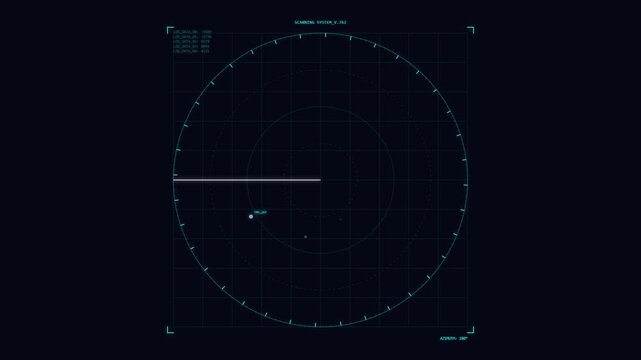 Digital radar screen interface displaying moving targets, tracking data, and navigation grid, ideal for technology and security concepts