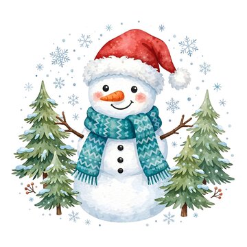 Smiling Watercolor Snowman With Santa Hat and Scarf Among Pine Trees for Christmas Holiday