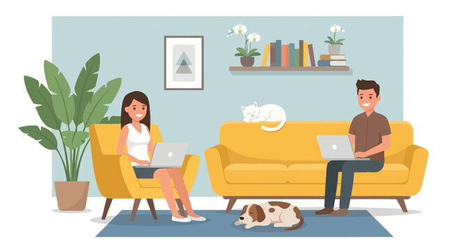 Couple remote working from home on laptops with pets in a cozy living room. Freelance work, home office, online education.