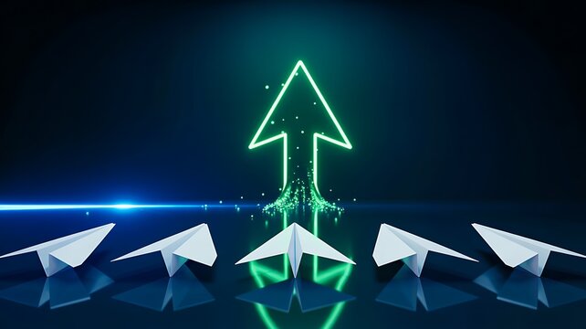 Paper airplanes following glowing upward arrow representing leadership success business growth and innovation