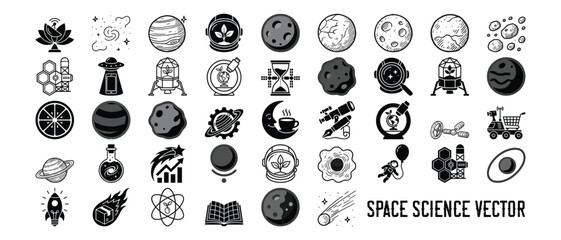 Space science silhouette vector collection with planets moons rockets astronauts satellites galaxies astronomy laboratory technology doodle illustrations on a white background © MdShahajahan