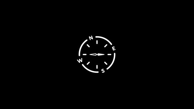 A simple white line of a compass with cardinal directions North East South West and a needle pointing towards the North East direction on a solid black background with no other present in the