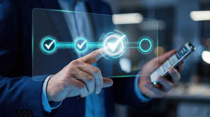 Obraz premium Professional interacting with a virtual checklist confirming successful project completion via holographic display