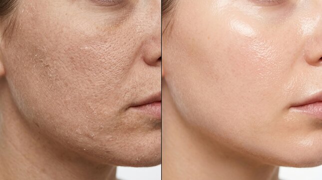 Before and after skincare treatment showing dry flaky skin to smooth hydrated face