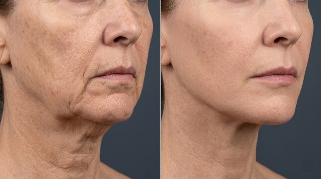 Before and after anti-aging cosmetic procedure on senior woman face and neck