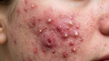 Fototapeta premium Severe cystic acne and inflamed pustules on human cheek skin macro