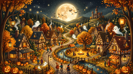 Fototapeta premium A cozy Halloween village with decorated houses, glowing pumpkins, Halloween Illustration
