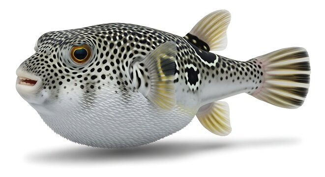 A spotted pufferfish with distinctive markings and fins