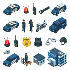 Police Equipment Set - Isometric Icons: Cars, Officers, Motorcycle, SWAT, Building © Aziz