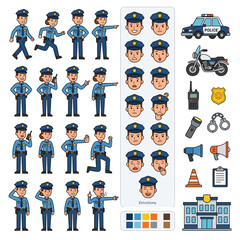 Police Officers, Emotions, Vehicles and Equipment - Vector Illustration © Aziz