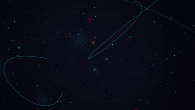 Abstract cosmic background with swirling dots and lines, digital particles and light streaks on dark space, science fiction theme