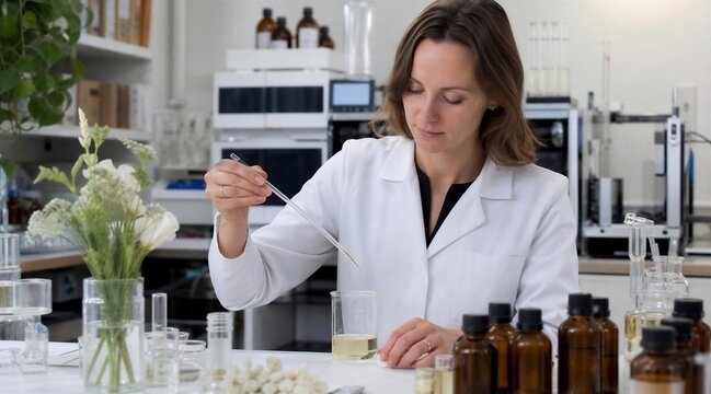 Scientist in lab coat examines liquid in beaker