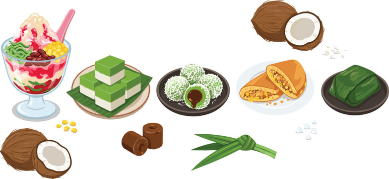 Traditional Malaysian desserts vector set featuring ais kacang shaved ice, kuih talam, ondeh ondeh with palm sugar, apam balik pancake, and coconut ingredients
