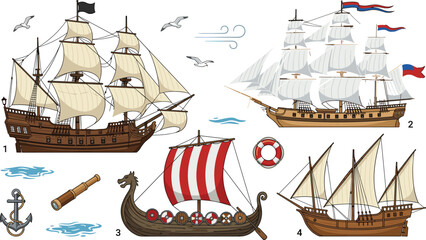 PrintVintage sailing ship vector set with historical wooden galleons, viking longship, caravel, anchor, and marine design elements for historical illustrations © Md. Al-Amin