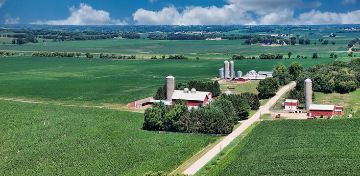 Panorama Aerial View of Farm homesteads and Corn Production Fields in South Western Wisconsin