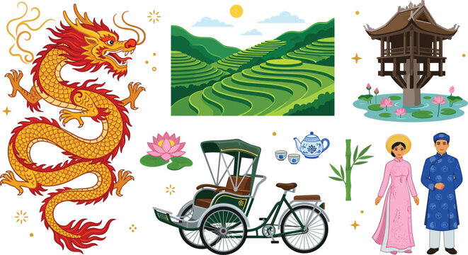 Vietnam travel and culture vector element set featuring traditional golden dragon rice terraces cyclo rickshaw pagoda couple in ao dai and lotus flowers