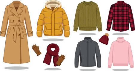 Winter autumn clothing vector illustration set featuring trench coat puffer jacket knitted sweater plaid shirt scarf and gloves for fashion apparel retail designs © Md. Al-Amin