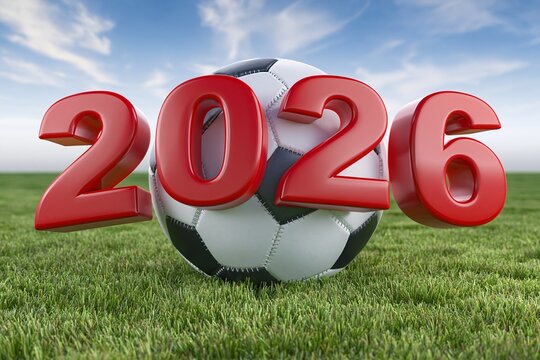 Red 3D numerals "2026" encircling soccer ball on green grass under blue sky.