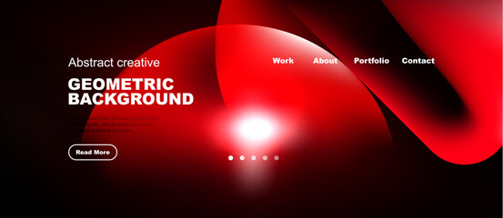 Naklejka premium Dark background features red geometric shapes, text, navigation menu. Modern design promotes creativity, portfolio access.