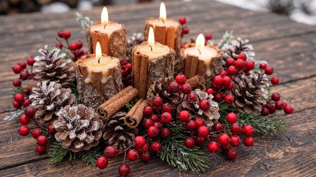 festive holiday centerpiece with five glowing candles, pine cones, red berries, cinnamon sticks, and frosted evergreen branches on a rustic wooden table, winter season decoration