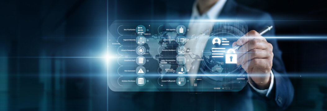 Compliance officer auditing access logs on a virtual screen. Verifying strict adherence to GDPR protocols to safeguard user identity information and prevent unauthorized sensitive data leaks.