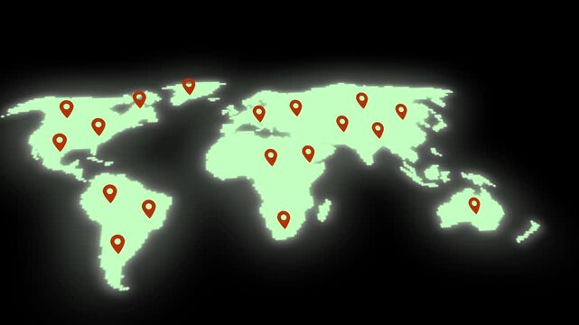 Pale green glowing outline of the map with multiple red location pins spread across continents symbolizing global presence or distribution networks for business or travel