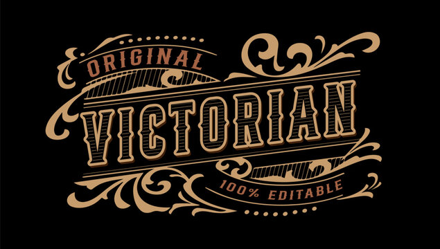 Vintage Victorian typography ornament badge vector illustration with elegant floral flourishes on black background