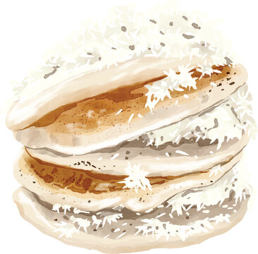 Watercolor Indonesian serabi pancakes with grated coconut isolated on white background