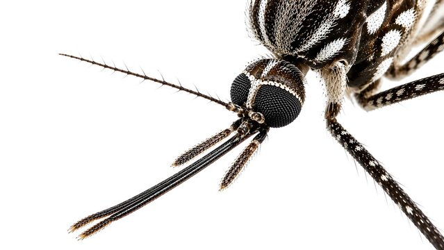 Aedes aegypti Mosquito Head and Proboscis Extreme Macro Isolated on White Background