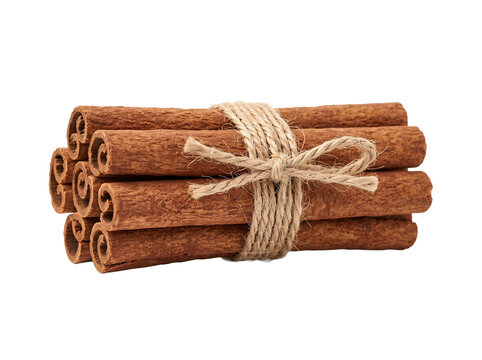 A bundle of cinnamon sticks, tied together with natural twine, evokes warmth and aroma, hinting at culinary delights and spice.