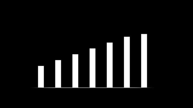 A minimalist representation of a bar chart with five vertical white bars of varying heights against a completely black background, symbolizing data analysis, growth, or statistical trends