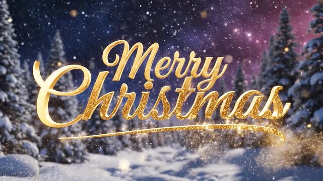 Golden Merry Christmas text sparkles in a magical winter wonderland