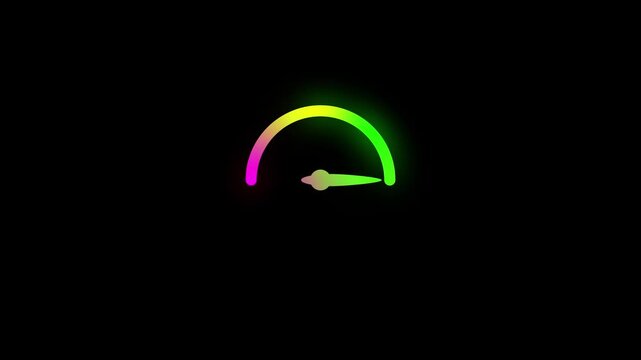 A glowing neon-like speedometer or gauge with a colorful gradient from pink to green on the arc and a needle indicating a low reading, set against a dark black background, symbolizing performance