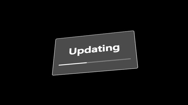 A simple user interface displaying the word Updating with a progress bar indicating a process is underway against a stark black background, suggesting software installation or system updates in