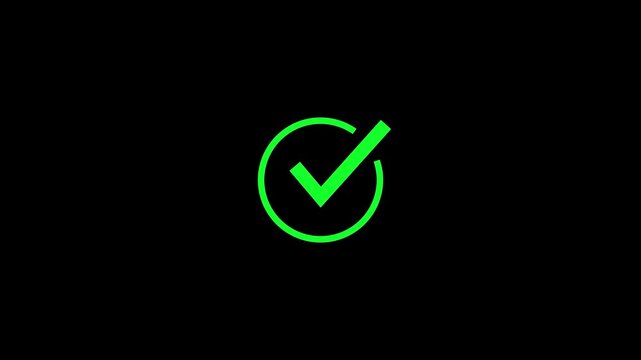 A vibrant green check mark symbol is enclosed within a circular outline of the same green color, presented against a stark black background, signifying a successful action or approval