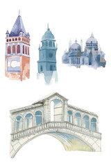 Obraz premium Png old European architecture watercolor illustration set
