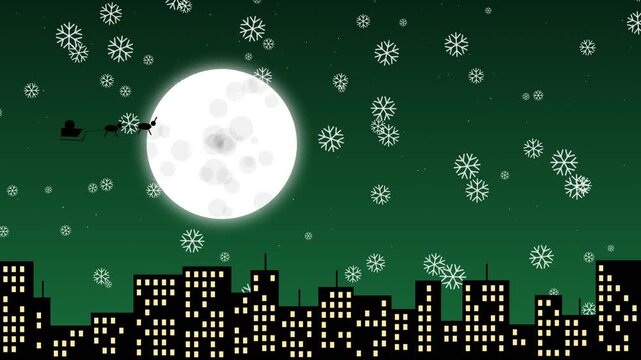 Santa sleigh flying over city skyline with falling snowflakes and full moon
