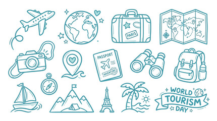 Collection of hand-drawn travel and tourism icons, perfect for illustrating vacation and adventure themes. © Meila
