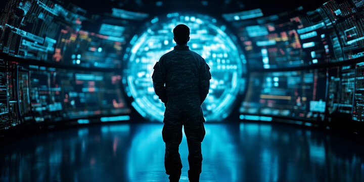 Silhouette of a soldier in front of a high tech cyber warfare command center with digital displays and data visualizations
