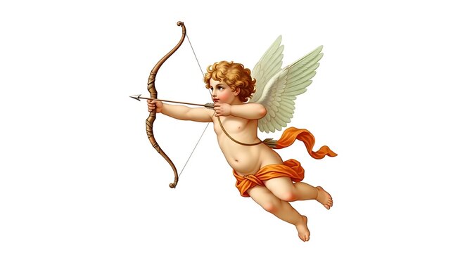Cupid with bow and arrow in mid flight mythological winged cherub