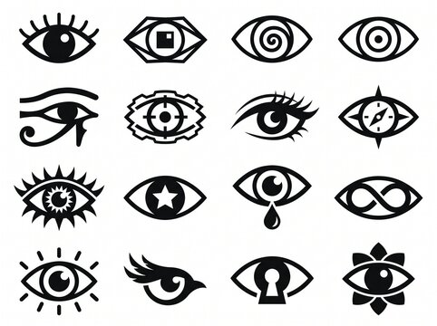Collection of various human eye icon symbols in black silhouette