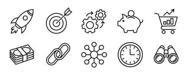 Obraz premium Hand drawn business icon set featuring rocket launch, target, gear mechanism, piggy bank, shopping cart, cash, link, network, clock, and binoculars